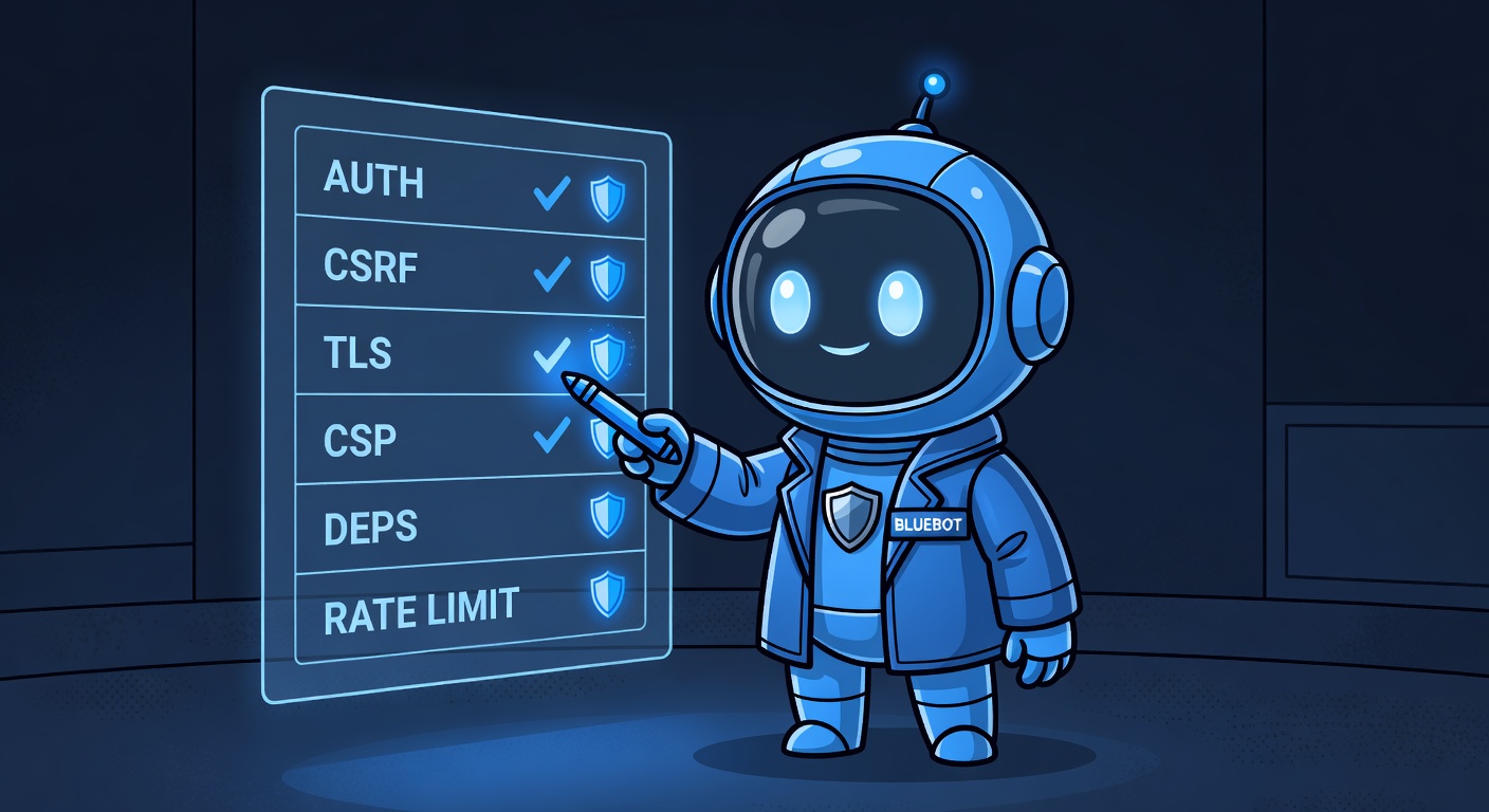 BlueBot in front of a holographic checklist with items AUTH, CSRF, TLS, CSP, DEPS, RATE LIMIT — ticking off completed items with a glowing stylus.