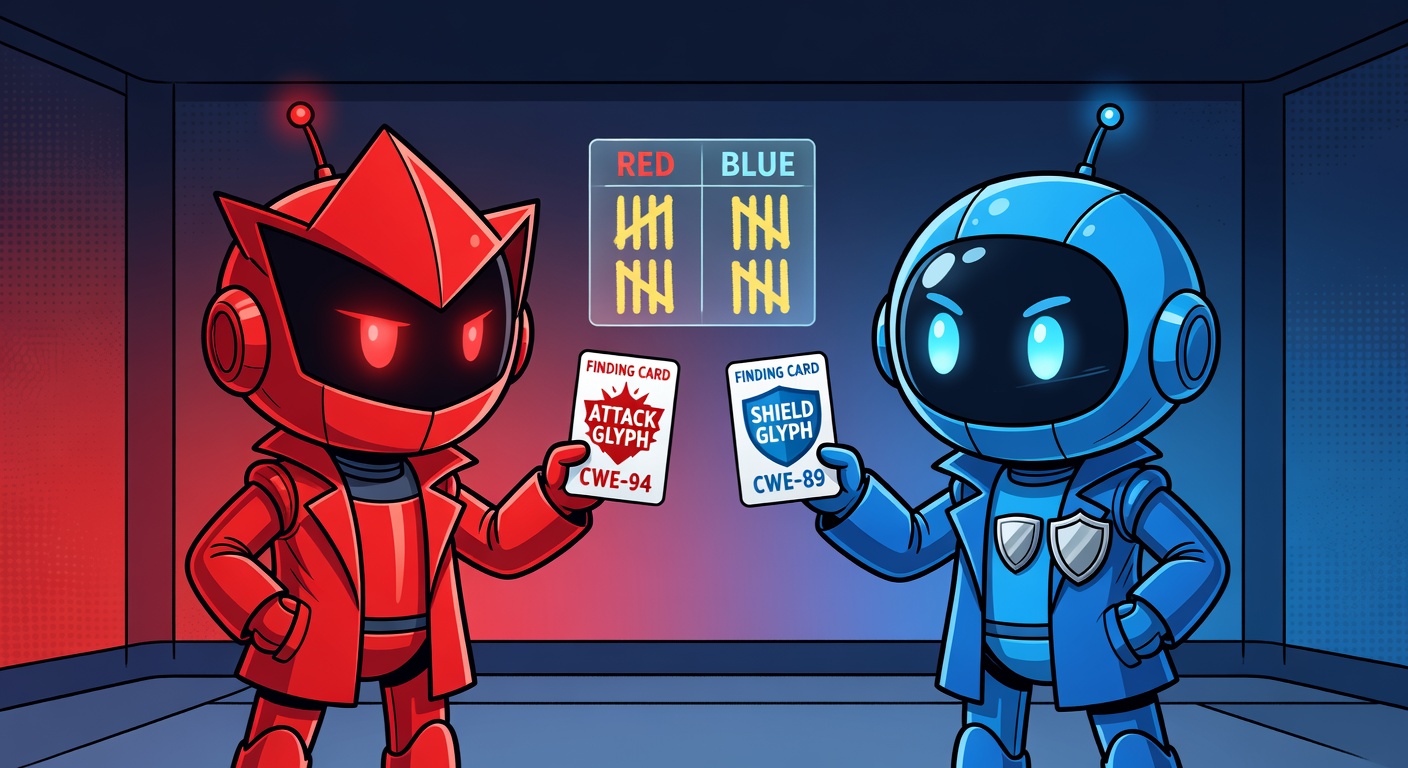 RedBot and BlueBot facing each other, each holding a finding card forward — RedBot's reads 'CWE-94 attack glyph,' BlueBot's reads 'CWE-89 shield glyph.' A floating scoreboard between them tallies RED and BLUE columns in yellow chalk.
