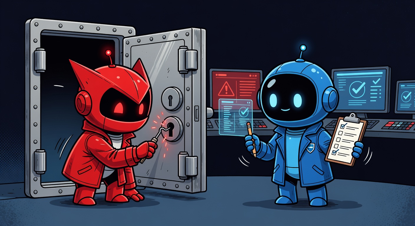 Cartoon scene: two chibi-proportioned robots in a security-operations room. RedBot (red, pointy angular helmet, glowing red eyes) at a half-open vault door picking the lock. BlueBot (blue, round bubble helmet, twin glowing blue eyes) standing with a clipboard ticking off a hardening checklist.