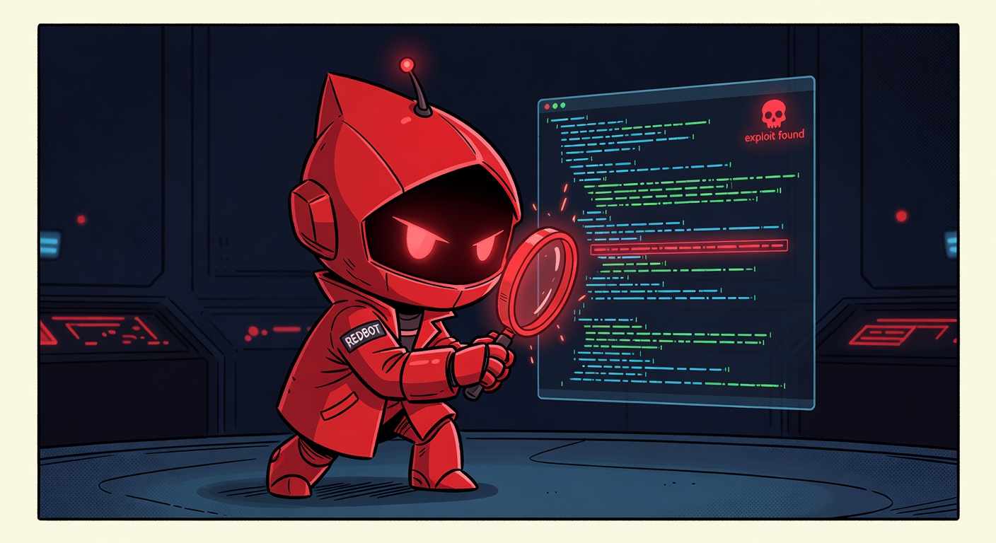 RedBot crouched intensely, holding a magnifying glass over a holographic terminal that highlights a vulnerable line of code in red. A skull badge in the corner reads 'exploit found.'